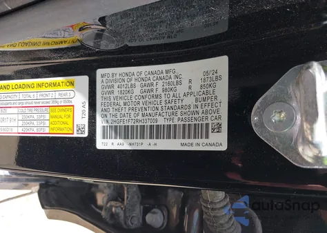 2024 Honda Civic Ex from USA, damaged, VIN 2HGFE1F72RH337009